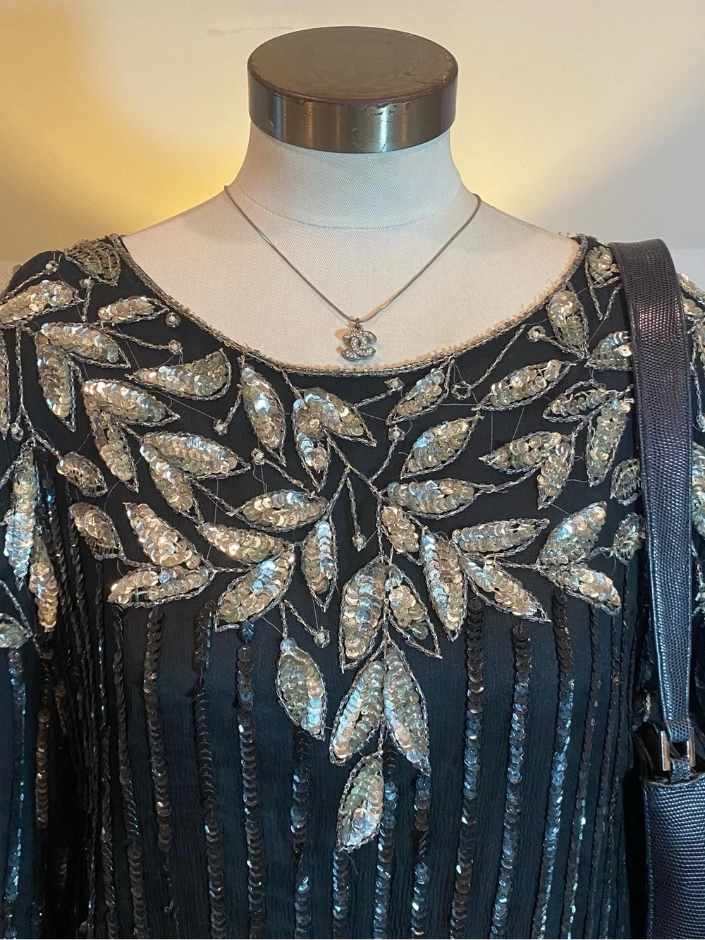 Vintage 70s Glam Black Beaded Sequined Skirt Set with Silver Leaf Embellishments